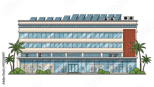 Sustainable commercial building features rooftop solar panels and a full glass storefront ground floor surrounded by tropical palm trees.