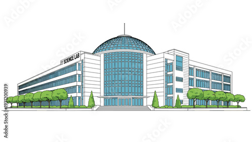 Modern science laboratory building features a massive central glass dome and sleek architectural lines surrounded by neat rows of green trees.