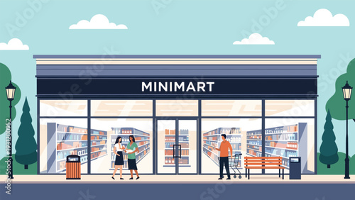 Modern minimart building features large glass windows showing interior shelves and customers with outdoor benches on a bright sunny day.