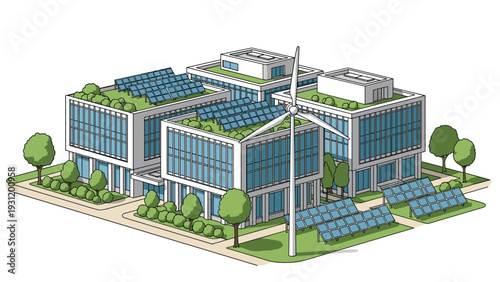 Advanced eco-friendly building complex features rooftop gardens with solar panels and a wind turbine for sustainable urban living solutions.