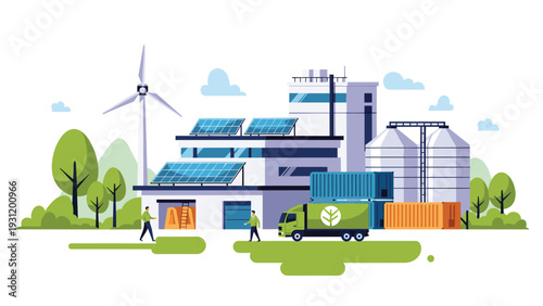 Sustainable industrial facility features a wind turbine and solar panels with delivery trucks and storage silos in a green environment.