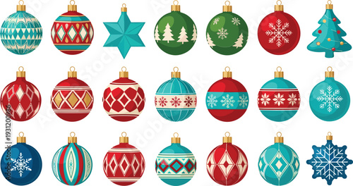 Colorful Christmas Ornaments Set with Snowflakes, Trees, and Holiday Patterns for Festive Designs