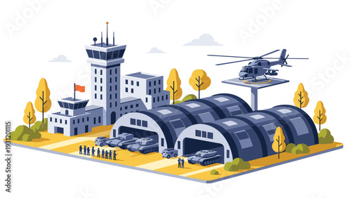 Military airbase illustration depicts an air traffic control tower alongside hangars housing tanks and a parked helicopter.