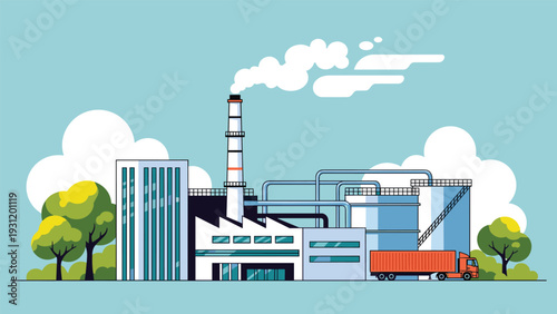 Industrial factory complex illustration with a smoking chimney and storage tanks stands against a clear blue sky background.
