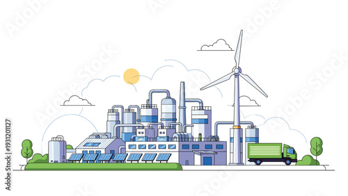 Sustainable industrial plant illustration highlights eco-friendly features like solar panels and a wind turbine on the roof.