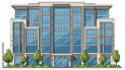 Modern multi-story office building illustration features a sleek glass facade and vibrant green landscaping around the base.