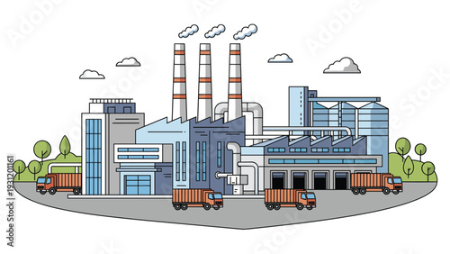 Industrial production facility illustration shows several smoking smokestacks and multiple delivery trucks at the warehouse.