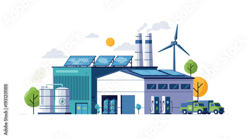 Innovative warehouse facility illustration showcases rooftop solar panels and wind turbines alongside electric cargo trucks.