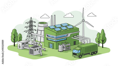 Green energy power station illustration features a wind turbine and solar panels next to a modern eco-friendly utility plant.