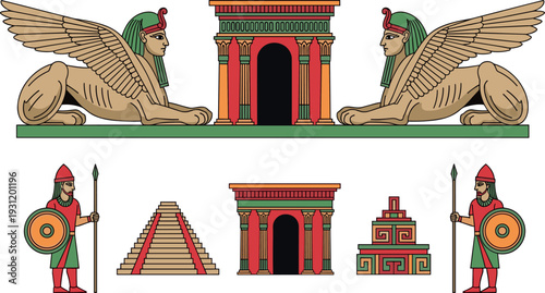 Ancient mythological architecture and guardian figures with winged sphinx temple pyramid and warrior illustration set inspired by classical civilizations history vector collection