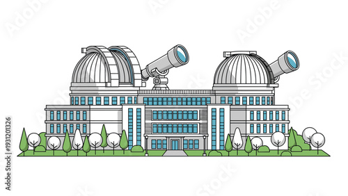 Astronomical observatory illustration depicts two large domes with telescopes used for space exploration and star research.
