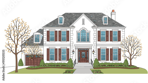 Traditional two-story manor house illustration features a large grey roof and brown window shutters in a landscaped garden.