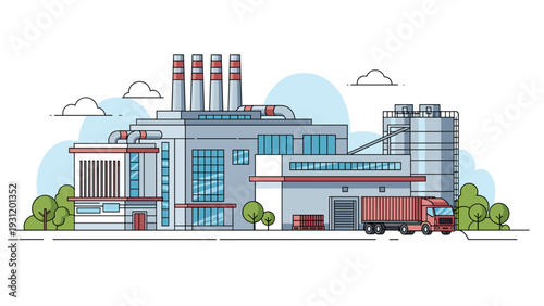 Industrial manufacturing plant illustration shows tall smokestacks and a large storage silo with a delivery truck on site.