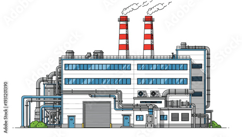 Factory building illustration displays a white facade with blue pipes and smoking chimneys under a bright blue sky background.