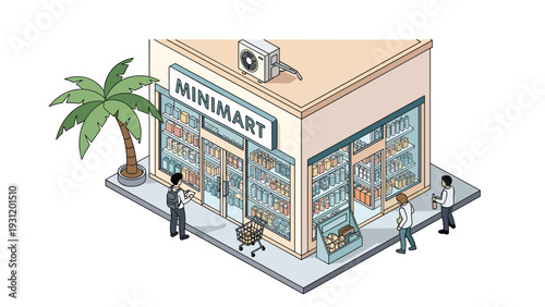 Corner minimart store illustration depicts customers walking outside the shop in a bright and sunny tropical environment.