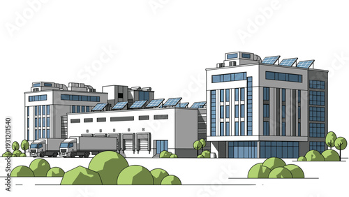 Modern business complex illustration features sleek white office buildings with rooftop solar panels and delivery trucks.