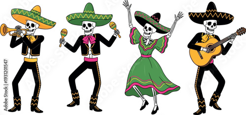 Day of the Dead skeleton mariachi musicians and dancer wearing sombrero performing traditional Mexican music festive Dia de los Muertos vector illustration set