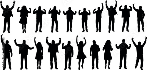 Group of cheering people silhouettes with raised hands celebrating success happy crowd celebration poses men and women black vector illustration isolated