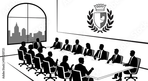 Corporate boardroom meeting with executives, professional business team collaboration, leadership strategy discussion, urban skyline view, governance decision making, flat vector illustration