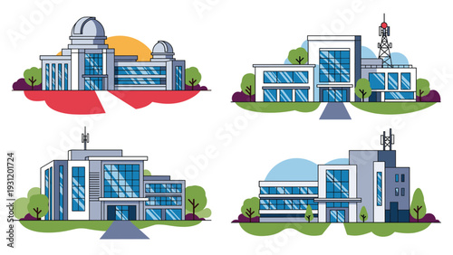 Group of four modern research building illustrations features glass facades and scientific instruments like telescopes.