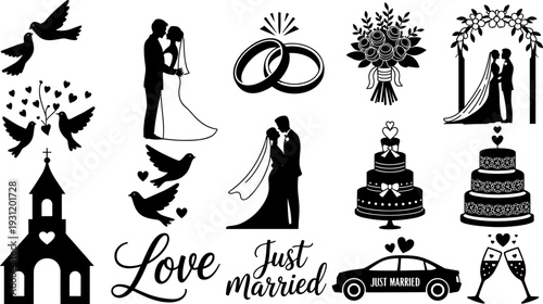 Black silhouette set of wedding icons featuring bride, groom, rings, cake, church, and doves, flat vector illustration isolated on white.