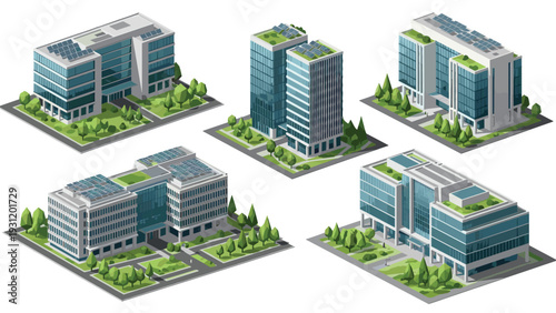 Set of isometric modern office buildings featuring glass facades, green rooftops, solar panels, and lush landscaping for sustainable urban design.