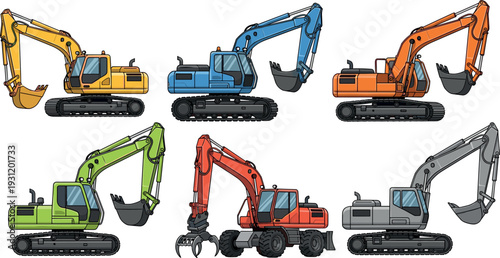 Excavator construction machinery collection with crawler diggers and hydraulic excavator vehicles vector illustration set for heavy equipment industry building and engineering projects