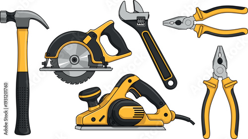 Hand tools collection including hammer wrench pliers circular saw and electric planer construction equipment vector illustration set isolated