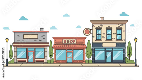 Small town street-level view featuring three different storefronts including a shop with a simple architectural style and street lamps.