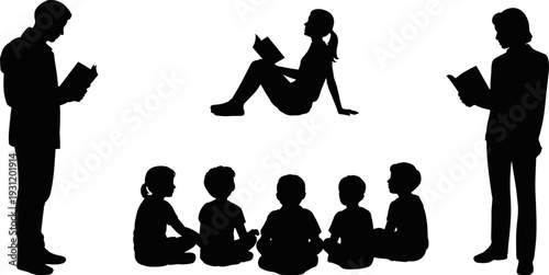 Teachers and children reading books, students sitting together during story time education concept silhouette flat vector illustration