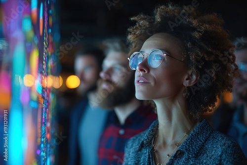 Diverse marketing teams analyze AI-driven data analytics on large holographic screens in modern offices and collaborate through future technologies and augmented reality interfaces.