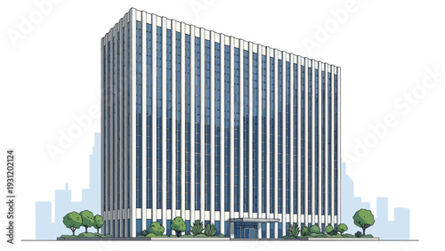 Front elevation of a tall modern corporate building with numerous vertical white fins and glass windows on a faint city background.