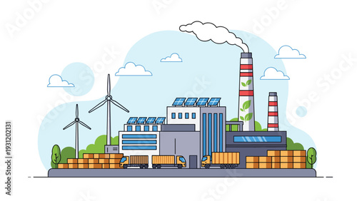 Modern sustainable factory building with solar panels on the roof, wind turbines, and eco-friendly labels on a tall smokestack.