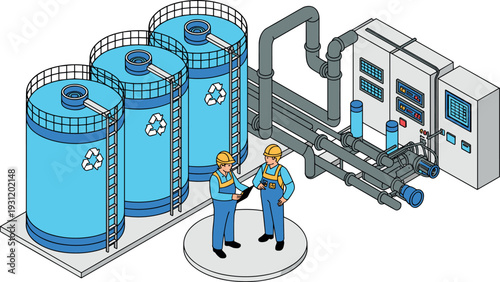 Industrial water treatment plant with recycling tanks pipelines control system and engineers monitoring process vector illustration for environmental technology purification and waste management