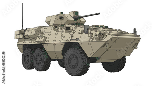 Desert tan armored military vehicle featuring a rotating cannon turret and various external storage compartments on white background.