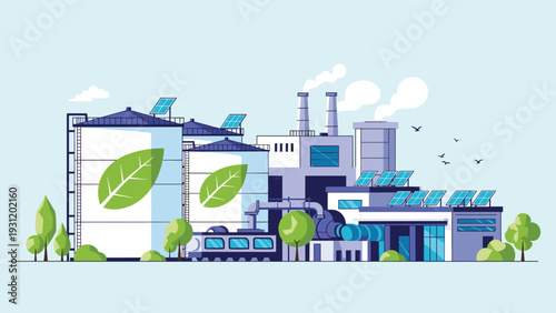 Contemporary bio-energy plant featuring large storage tanks with leaf designs, solar panels, and smokestacks against a light blue sky.