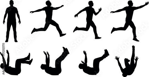 Man running and falling silhouette sequence showing movement stages jumping slipping accident action poses human motion black vector illustration isolated