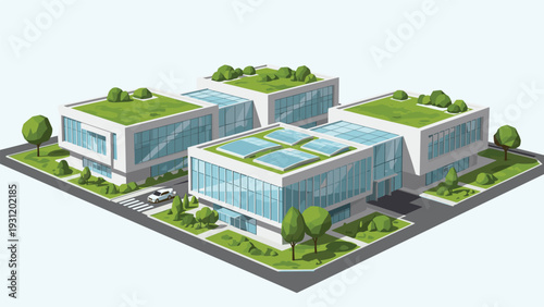 Isometric modern office complex with multiple glass buildings featuring green rooftop gardens and solar panels for sustainable work.
