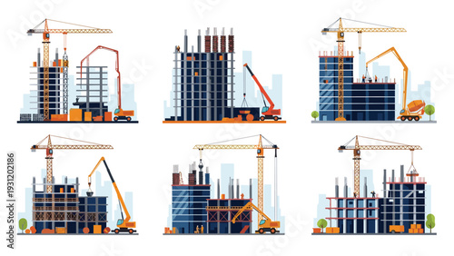 Multiple construction site scenes illustrating different stages of building high-rise structures with cranes and concrete pumps.