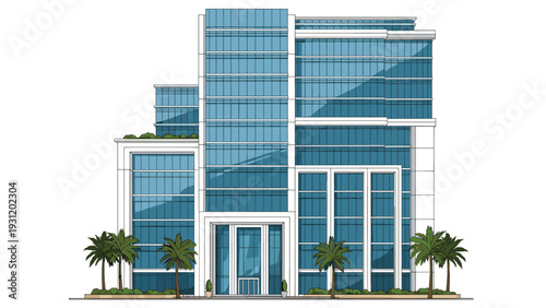 Front view of a modern tiered office building with glass facades and several palm trees at the entrance for tropical landscape.