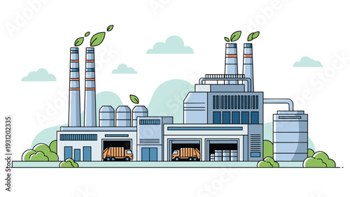 Sustainable factory building with smokestacks emitting leaves instead of smoke, representing eco-friendly production and recycling.