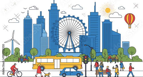 Modern cityscape with ferris wheel, public transport bus and urban lifestyle scene, flat vector illustration of downtown skyline isolated