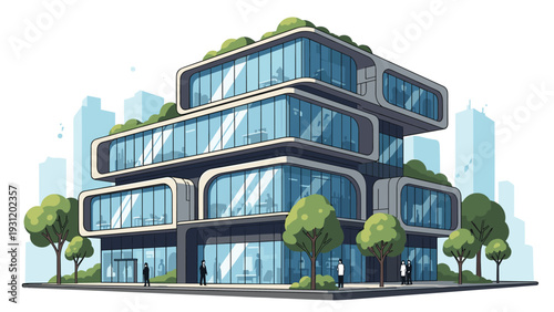 Modern futuristic office building with multiple tiered glass levels and lush green trees around the base on white background.