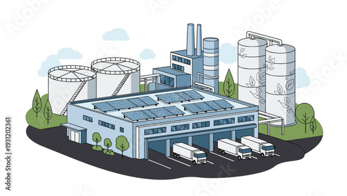 Isometric view of a green factory facility featuring solar panels on the roof, storage tanks, and delivery trucks at the docks.
