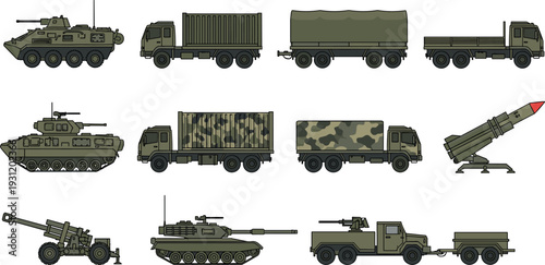 Military vehicles and armored equipment set with tank, missile launcher and transport trucks, army transport vector illustration isolated on white background