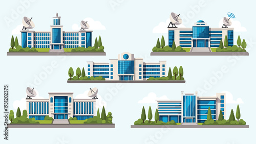 Collection of modern research facility icons with large satellite dishes, antennas, and glass facades for advanced communication.