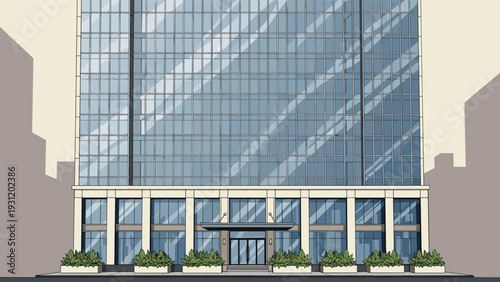Close-up architectural view of a high-rise office building entrance featuring a glass facade and small potted green shrubs.