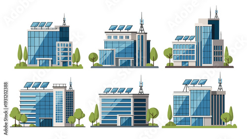 Set of modern office buildings with diverse architectural styles, rooftop solar panels, and communication antennas for efficiency.