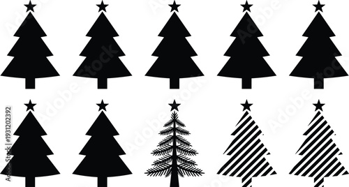 Christmas tree silhouette vector set, minimalist holiday pine icons with star isolated on white background