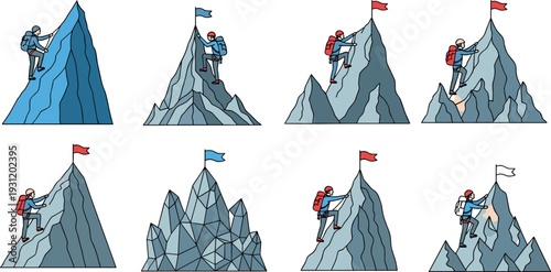 Mountain climber collection reaching summit peaks with flag, adventure hiking vector illustrations set isolated on white background for travel, success and leadership concepts